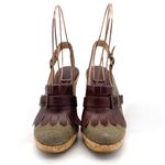 Frye Pepper Kiltie Wedge Sandals Sz 6 Brown Leather Canvas Cork Slingback Buckle Photo 8