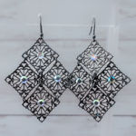 Vintage Dangle Earrings For Pierced Ears Dark Metal with Iridescent Gems Gray Photo 0