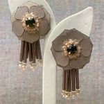 Unique Floral Dark Green Crystal Beaded Tassel Dangle Earrings Boho Artisan Gray Photo 0
