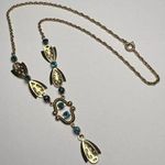 Retro Gold Tone Blue Rhinestone Y Drop Necklace Photo 0