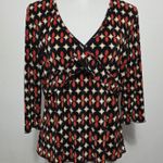 Apostrophe Red Black Geometric Plisse Pleat Long Sleeve V Neck Blouse Large Y2K Photo 1