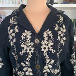Vintage 90s Embroidered Jean Jacket Black Denim Tan Floral Bohemian Size Small Photo 4