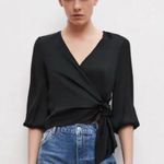ZARA New With Tag Satin Effect Wrap Top Black W/ Pearl Cuff Buttons Lightweight Photo 2