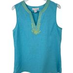 Lucy & Laurel  linen blouse large embroidered sleeveless tank top blue green Photo 0