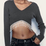 ZARA  Grey Ribbed Knit Long Sleeves Hanging Rhinestones Cropped  Shirt NWT Size L Photo 0