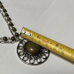 Olive Green & Silver Tone Metal Necklace Double Chain Beaded Adjustable Length Photo 5