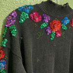 Vintage 70s 80s Boho Floral Embellished Black Sweater sequin flowers gold beaded Size M Photo 3