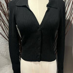 Aerie 🍒 BLACK RIBBED COLLARED V-NECK CARDIGAN SWEATER SIZE SMALL🌺 Photo 0