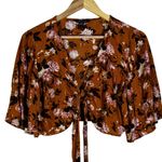 American Eagle  Tie Front Crop Top Womens M Brown Floral Bell Sleeve Cottagecore Photo 0