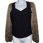 BAILEY 44 Black Thick Ribbed V-Neck Top Animal Print Long Sleeves NWOT Size S Photo 0
