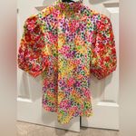 Colorful Ruffle Neck Blouse with Embroidered Puff Sleeves Boutique Printed Pink Size XS Photo 1