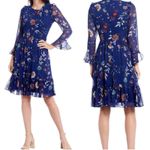 Calvin Klein  Women's Floral A-Line Dress Bell Sleeves Size 8 Blue Fall Cocktail Photo 2