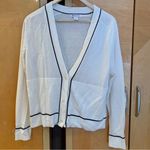 Athleta Outline Contrast V Neck Cardigan Low Button Wool Blend White And Black S Photo 0