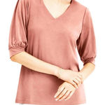 JM Collection Puff Sleeves Tee Shirt Top V-Neck Stretchy Pink Sunstone Small Photo 0