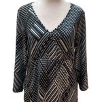 New York & Co. Black Blue White Print 3/4 Sleeve Surplice Neck Blouse Size Large Photo 0