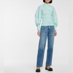 Ganni NWT Shirred Floral Organic Cotton Blend Poplin Blouse Puff Sleeve Blue Photo 9