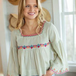 Natural Life  Bohemian Cottage Embroidered Square Neck Bell Sleeve Top Size Large Photo 0