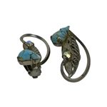 Vintage Silver Tone Leaf‎ Teal Stone Clip On Earrings Boho Retro Germany Photo 3