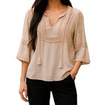 Kut From The Kloth 🔵 SALE 3/$25  BOHO BEIGE TASSEL RAYON TUNIC BLOUSE TOP M Photo 0