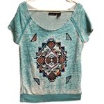Sweater Project Light Aqua Blue Aztec Short Sleeve Oversized Blouse Size XL Photo 0