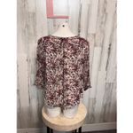 Lucky Brand Boho Floral Peasant Top | Burgundy Cream Sheer Flowy Blouse – Size L Photo 3