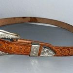 Vintage early 1990s Western Tooled Leather Belt Silver Buckle ClassicBohoCowboy Brown Photo 0