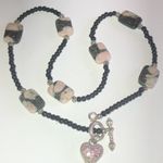 Black Beaded & Pink Agate Stone Boho Heart Toggle Closure Necklace Photo 3
