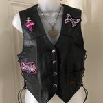 2000s Y2K Black 100% genuine leather biker goth punk rider motorcycle sleeveless jacket coat vest patches lace up side Photo 1