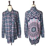 Tolani Shirt Women Medium Blue Pink Plaid Flannel Button Down Mandala Back Boho Photo 1