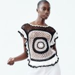 ZARA NWOT  Woman Black & White Crochet Short Sleeve RUFFLED Top Photo 1