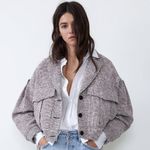 ZARA TWEED PLEATS SHOULDERS JACKET W/ POCKETS & BELT PINK SIZE L NWT Photo 3