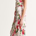 Abercrombie & Fitch NWT A&F Giselle Pleated Tiered Maxi Dress Satin White Floral Photo 2