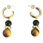 Vintage Gold Tone Tigers Eye Black Onyx Beaded Hoop Earrings Huggies Estate 1.5" Photo 0