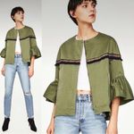 ZARA  Basic Western Navy Blue Bell Sleeve Fringe Aztec Trim Jacket Size XS NWT Photo 3