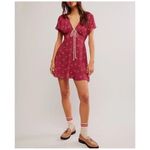 Free People NWT  Everyones Favorite Mini Dress Red Floral V Neck Tie Boho‎ Size S Photo 1