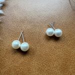 Elegant Double Pearl Stud Earrings Silver Tone Modern Minimalist Style White Photo 0
