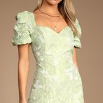 Lulus Beyond Amazing Light Green Floral Jacquard Puff Sleeve Dress Photo 0