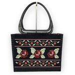 VINTAGE Handmade Needlepoint Rose Tote Bag Black Pink Green Grandma Granny Photo 1