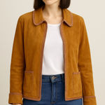 Christopher & Banks  Cognac Suede Leather Jacket Size XL Zip Front Crochet Trim Photo 0