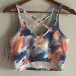 Women New Sports Bra Long line Watercolor Abstract Pattern Strappy back Medium Orange Photo 3