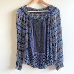 Lucky Brand Gypsy Ikat Peasant Blouse Top Blue Boho Long Sleeve Size S Photo 1