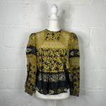 SEA New York Women’s Silk Lace Crochet Bib Mustard Black Blouse Size 2 Photo 2