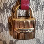 Michael Kors Mercer Medium Duffle Satchel Handbag Natural Tan Cherry Red Photo 8