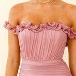 & Other Stories Sins & Secrets Off-Shoulder Lettuce Edge Detail Ruched Mini Dress Blush Size XS Photo 2
