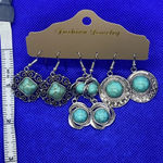 New bohemian geometric pattern faux turquoise earrings antique finish 3 pair Blue Photo 2