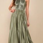 Lulus  Elaborate Charm Olive Green Satin Pleated Backless Maxi Dress Photo 0