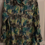 Lands' End  Womens Tropical Leaf Print Linen Long Sleeve Button Up Shirt Top L Photo 0