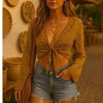 Wild Fable S578 Mustard Floral Tie Front Crop Top Boho Y2K Long Sleeve XXL Photo 1