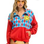 Aviator Nation Diamond Smiley 2 Fleece Half Zip Colorblock Sweatshirt Red Sky S Photo 0