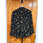 Ganni Floral Crepe Wrap Blouse Yellow Black Size 42 NWT Tie Top Photo 5